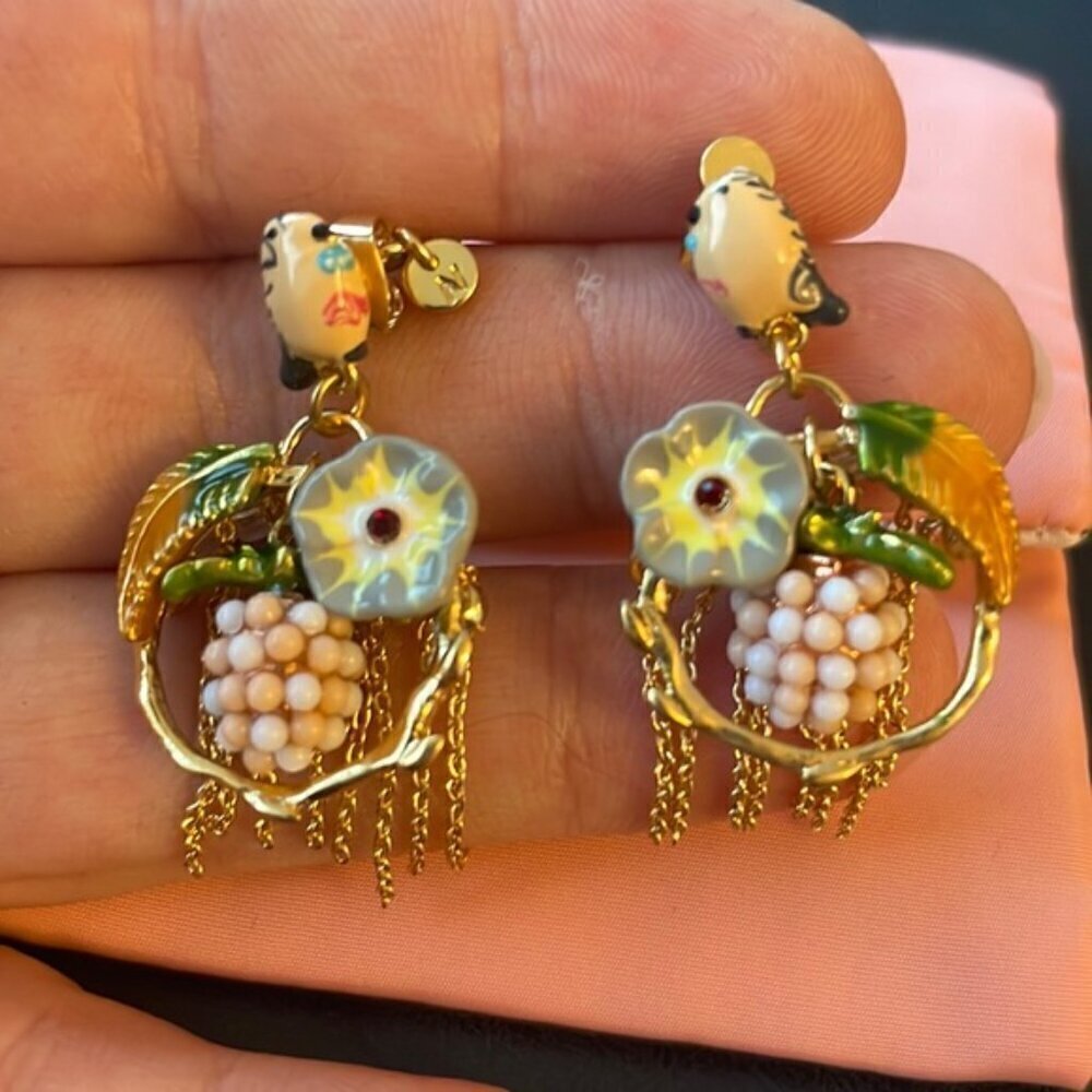 Les Nereides Raspberry Bird Hoop Earrings - Gem